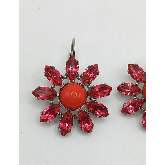 Philippe Ferrandis Paris designer HOT PINK Red/Orange Flower Earrings Leverback - Picture 3 of 9